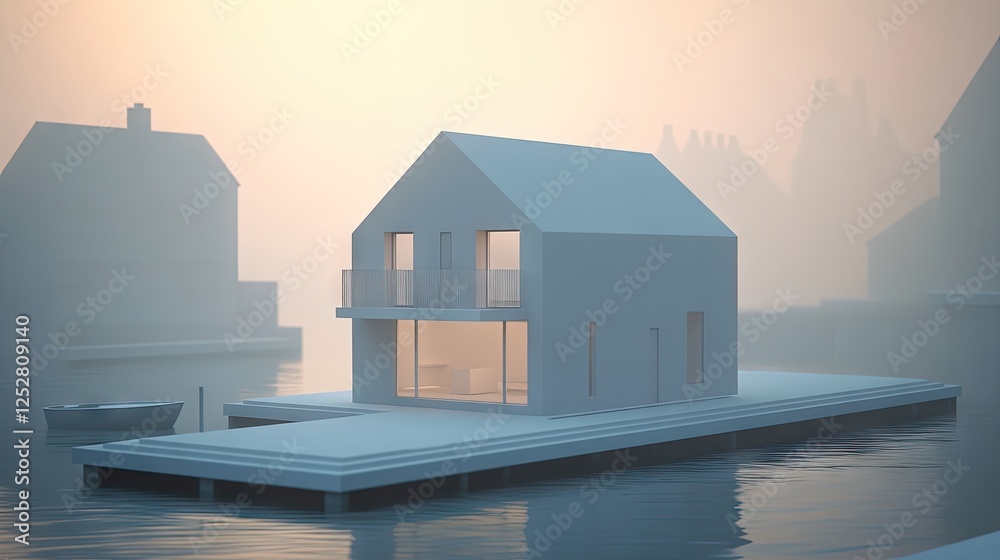 A home construction visualization, featuring a small house model over a floor layout. A home construction visualization, featuring a small house model over a floor layout.