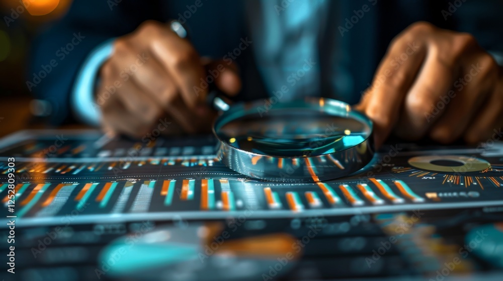 Analyzing financial data with a magnifying glass in a modern workspace during evening hours Analyzing financial data with a magnifying glass in a modern workspace during evening hours