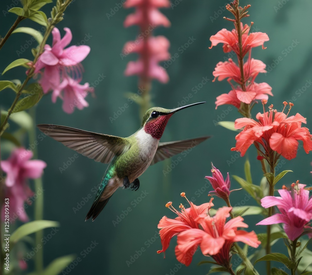 Obraz premium Hummingbird perched on a flower with its tail feathers , green petals, natural scenery , hummingbirds flowers tails feathers