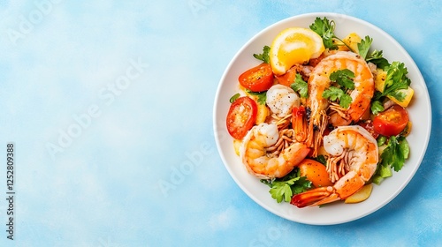 Vibrant Shrimp Salad with Fresh Vegetables and Lemon Slices on a Light Blue Background photo