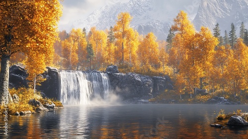 3D render of a sleek futuristic landscape with towering cliffs and calm water, combined with a modern minimal background and sunrise lighting