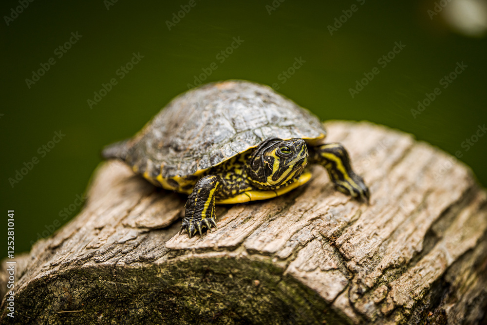 Close-up of a turtle resting on a weathered log in a green pond, showcasing intricate shell details and natural patterns, surrounded by a peaceful aquatic environment with soft lighting and a tranquil