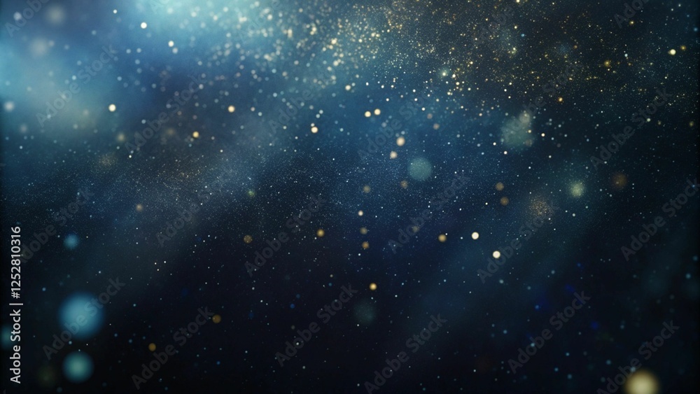 Fototapeta premium Abstract blue and gold glitter lights shimmer against a black background, creating a de-focused, enchanting banner effect.