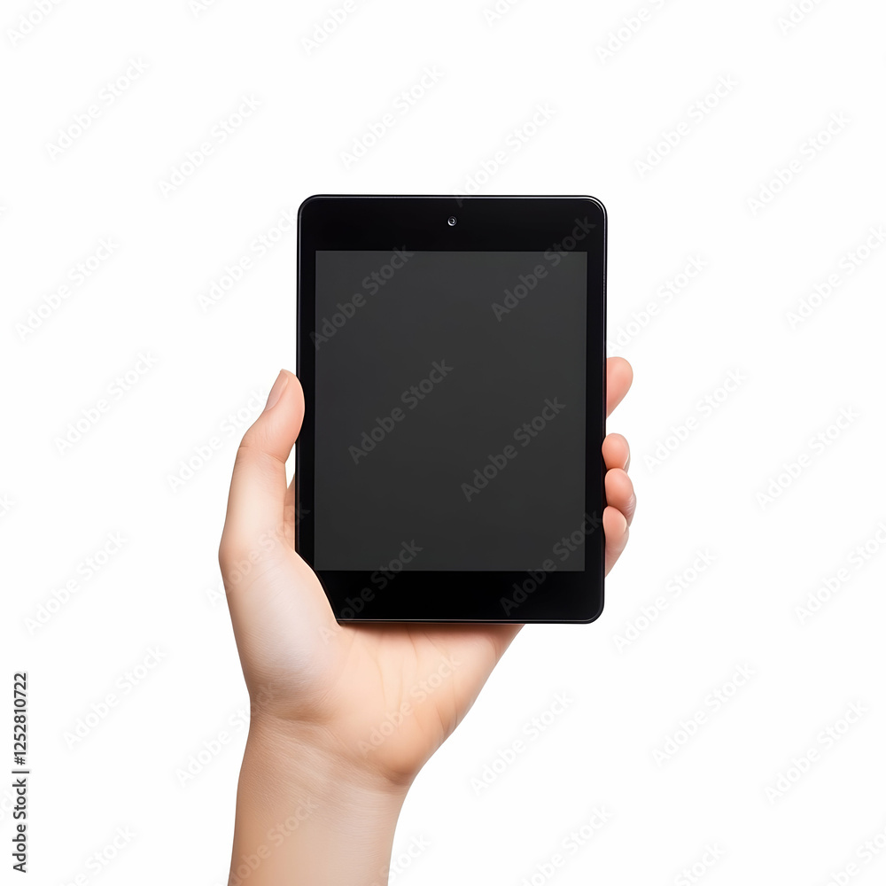 Hand holding tablet, blank screen, white background, website mockup Hand holding tablet, blank screen, white background, website mockup