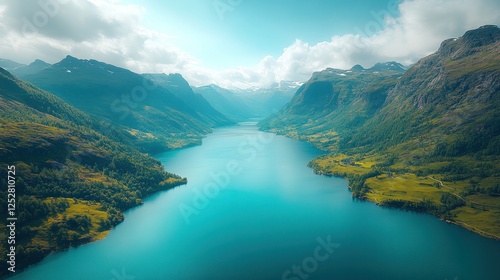 Alpine lake, aerial view, mountains, clouds, scenic valley