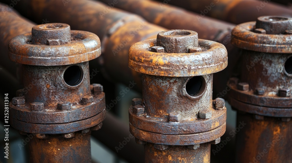 A close-up of corroded pipes arranged in a row, showing rust and surface textures A close-up of corroded pipes arranged in a row, showing rust and surface textures