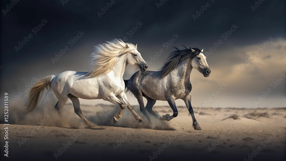 Fototapeta premium two galloping horses with long manes kick up dust as they run through a desert landscape. 