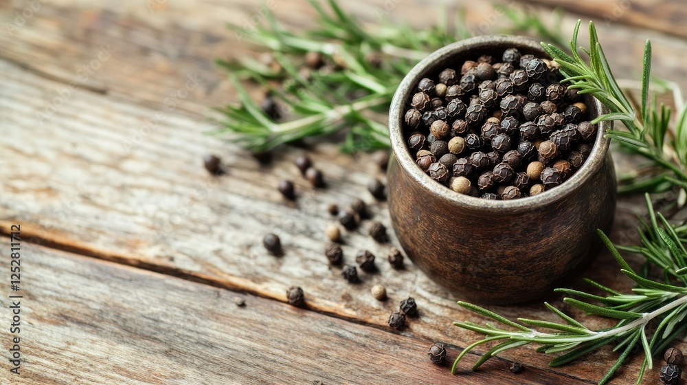A close-up of dried black peppercorns in a rustic metal cup with fresh rosemary sprigs scattered around on a wooden surface A close-up of dried black peppercorns in a rustic metal cup with fresh rosemary sprigs scattered around on a wooden surface