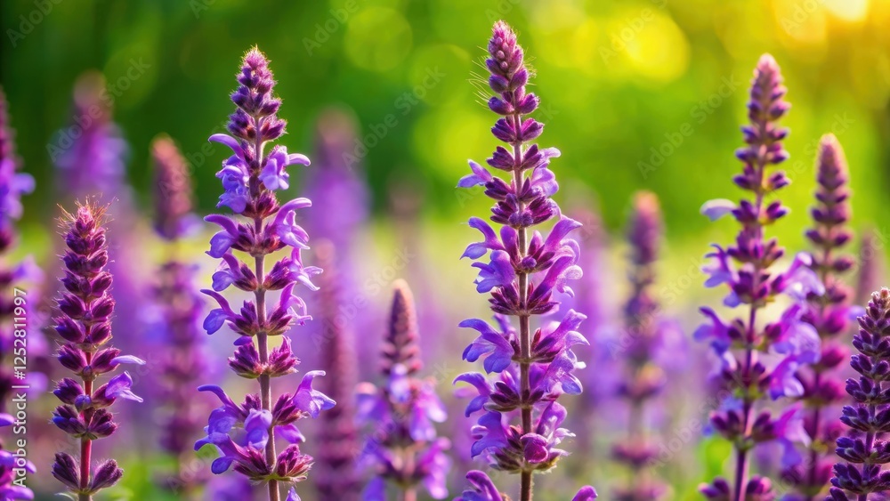 Naklejka premium Flowering meadow sage with vibrant purple blooms against a blurred green background, meadow sage, purple blooms, flowers