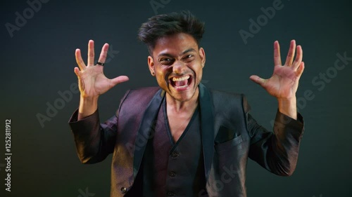 Man in blazer standing roars with excitement