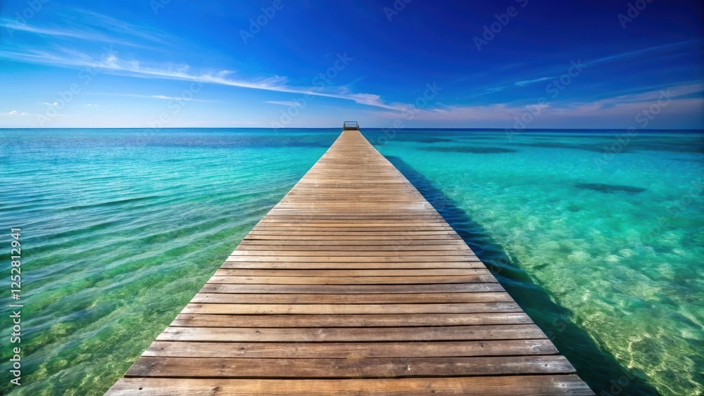 Obraz premium Wooden pontile extending into clear blue ocean under bright sky, wooden pontile, ocean, clear sky, sunny, tranquil, peaceful