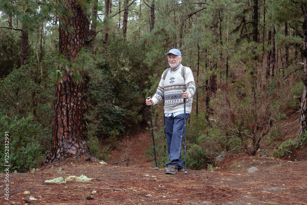 Fototapeta premium Active old senior man with backpack walking in mountain forest with the help of poles enjoying nature, freedom and free time. Forest background with bare trees