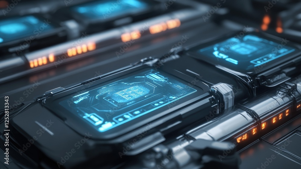 Obraz premium A concept art of advanced electric car battery cells with holographic displays showing charge levels.