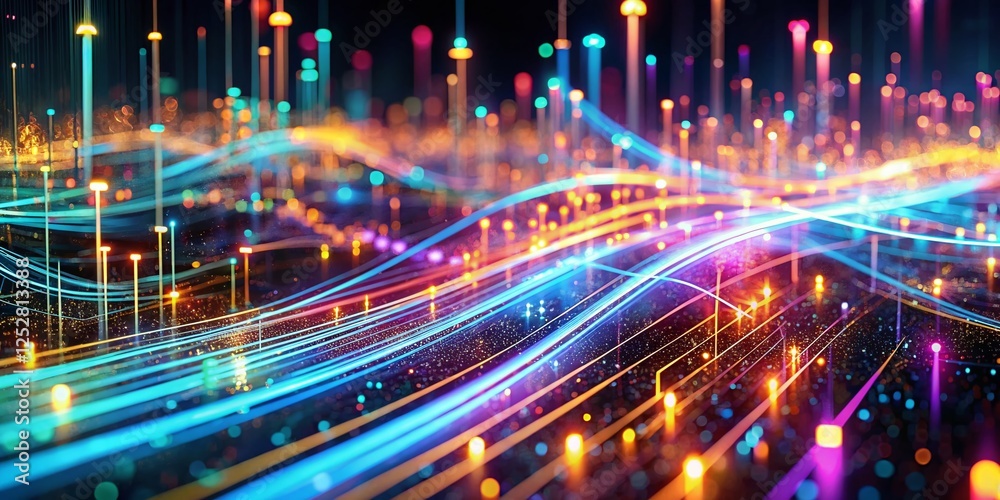 Fototapeta premium Abstract Digital Data Stream: Glowing Lines and Numbers in Tilt-Shift Miniature