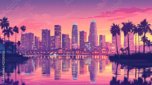 Sunset city skyline architecture near the bay waterfront. Modern megalopolis with palm trees, skyscrapers reflecting in water surface under pink sky panoramic background, Cartoon vector illustration