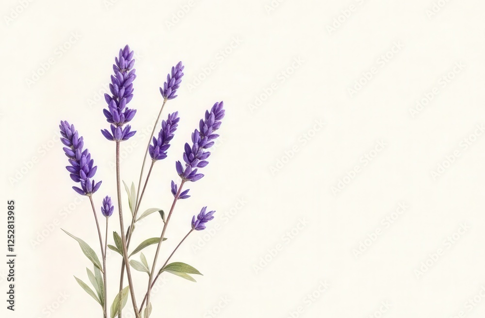 Naklejka premium minimalist hand-painted watercolor lavender sprigs on warm off-white textured background, soft brushstrokes, calming spring elegance