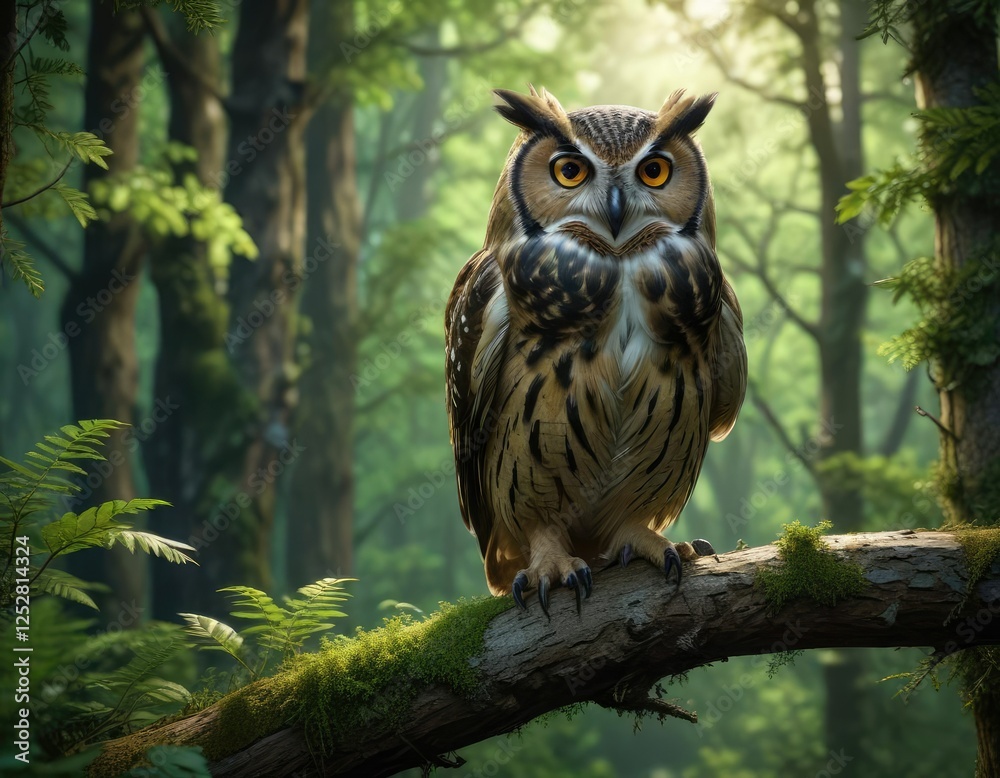 Masterful owl perched on branch in deep woods with vibrant greenery, wildlife reserve, outdoors, nature park, vibrant Masterful owl perched on branch in deep woods with vibrant greenery, wildlife reserve, outdoors, nature park, vibrant