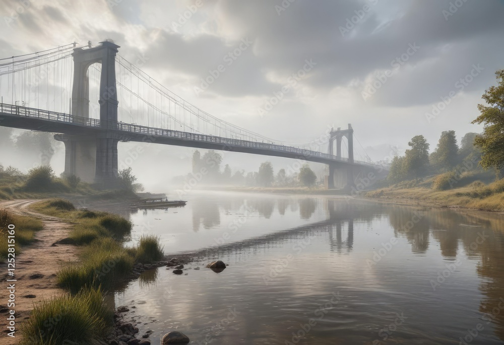 Obraz premium Misty Elbe River landscape with a bridge in the foreground , trees, nature scenery, misty elbe bridge