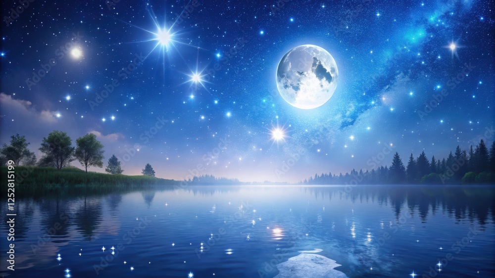 Fototapeta premium Serene night landscape with twinkling stars and a full moon shining brightly , night, landscape, stars, full moon