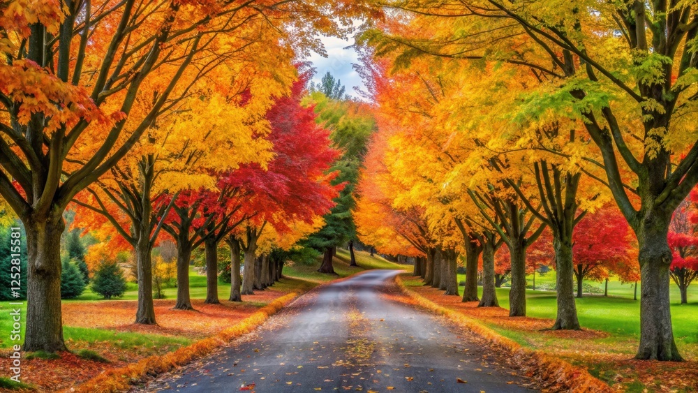 Naklejka premium Autumn trees with vibrant foliage lining a picturesque driveway , autumn, trees, driveway, colorful, vibrant, foliage