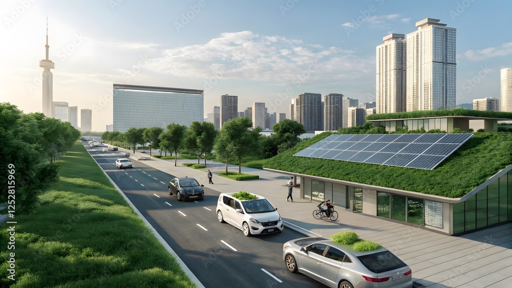 Obraz premium Futuristic Urban Landscape with Solar Panels and Modern Architecture