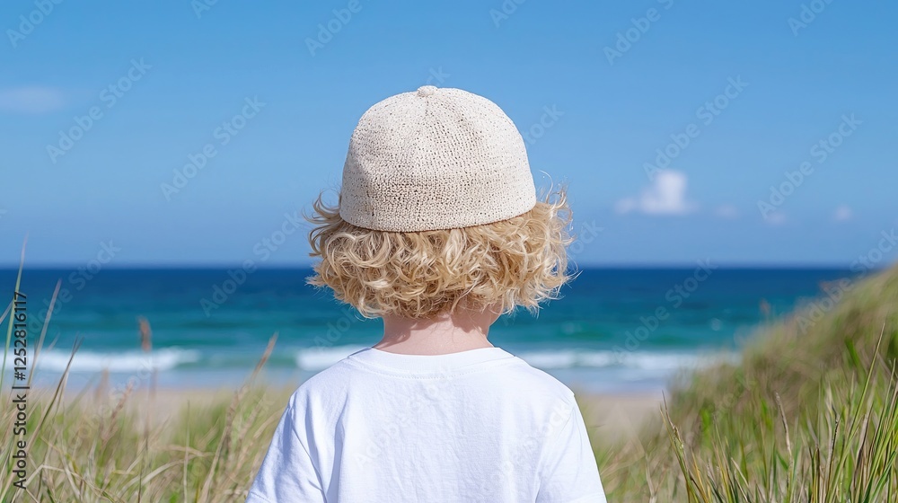 Fototapeta premium Young curly-haired child wearing a cap looks out at the blue ocean from grassy sand dunes on a sunny day.