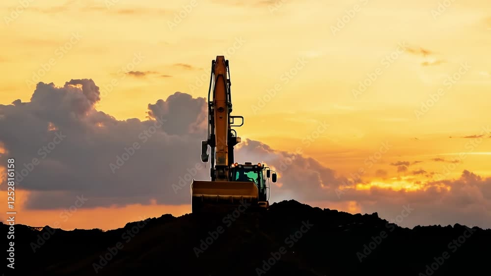 A robust excavator stands tall on a mound of earth, silhouetted against a breathtaking sunset. The vibrant hues of the sky create a striking contrast, enhancing the beauty of this construction site.