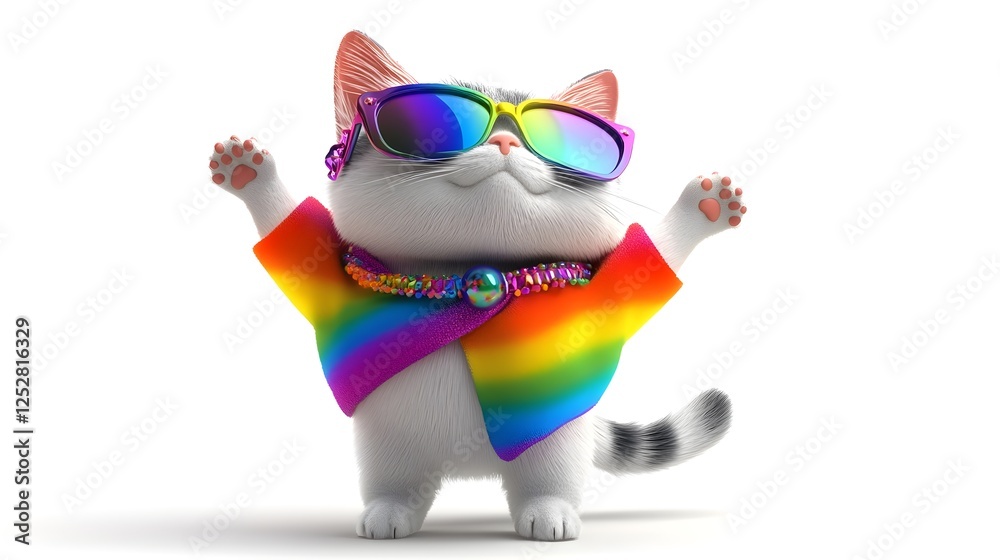 Fototapeta premium Proud LGBTQ+ Cat: A 3D Rendered Character Embracing Diversity, Ideal for Pride Month Campaigns, Websites, Social Media, and LGBTQ+ themed projects. A 