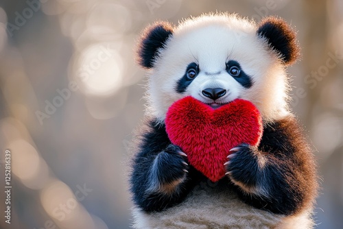 Panda - my treasured animal. Ad campaign animal visual idea. Cute panda baby with fluffy red heart on in a natural habitat. Romantic forest couple. Love and wildlife harmony. Wild lovebirds.