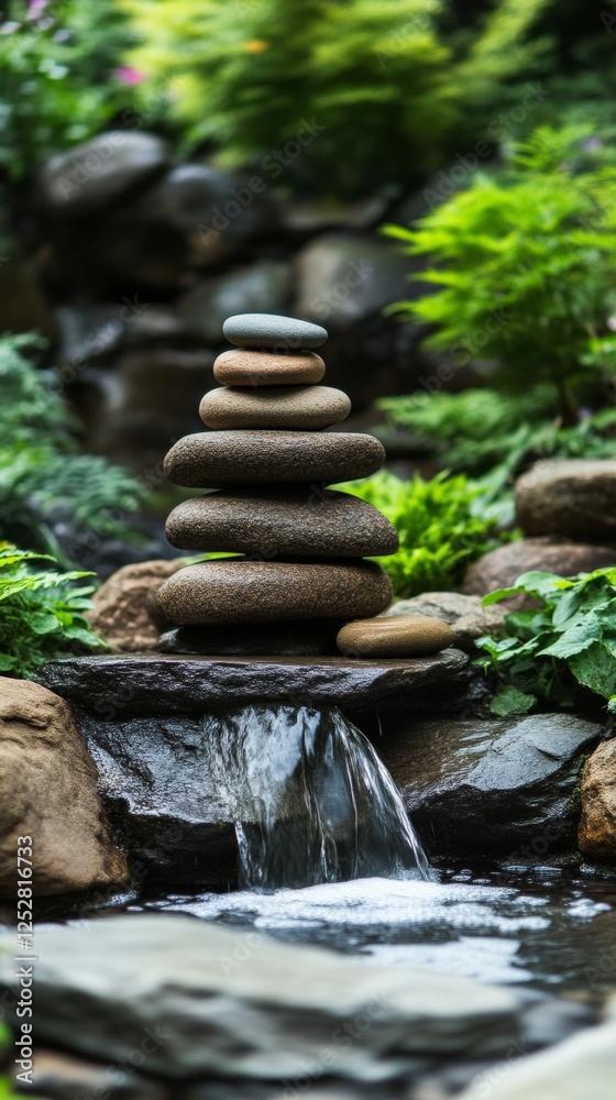 Zen stone stack with waterfall in garden setting, tranquil relaxation concept Zen stone stack with waterfall in garden setting, tranquil relaxation concept
