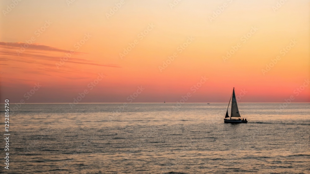 Fototapeta premium Ocean sunset with sailboat on horizon, serene landscape, warm light, blue sky
