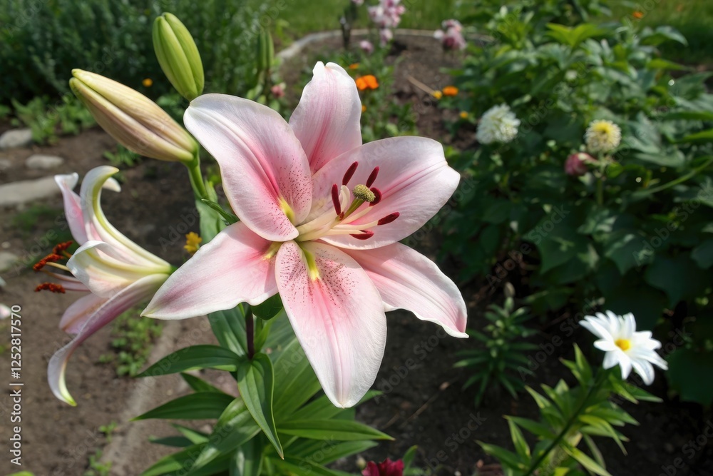 Overhead shot of lily flower in a garden, greenery, flower, lily Overhead shot of lily flower in a garden, greenery, flower, lily