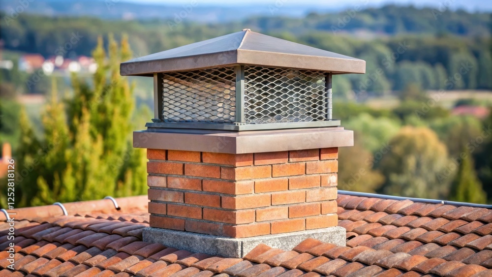 Naklejka premium Chimney cap preventing rodents from entering building on roof , chimney cap, rodents, prevention, building
