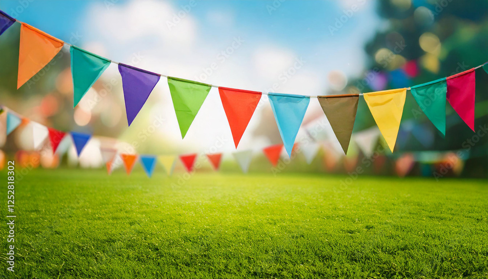 Generated image, Colorful triangular flags on blur background for outdoor party celebration Generated image, Colorful triangular flags on blur background for outdoor party celebration