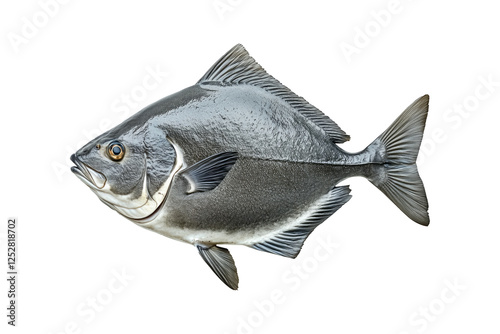 Detailed closeup of Pacific Halibut fish with shiny scales, fins and tail isolated on white transparent background, concept of marine life photo