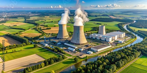 Aerial view of the Philippsburg Nuclear Power Plant with cooling towers and surrounding landscape