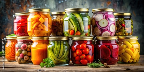 Colorful jars of pickled vegetables for winter storage, canned, jars, vegetables, pickled, colorful, preservation, food