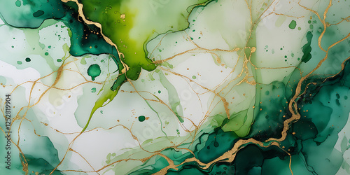 Golden green shiny veins and cracked marble texture background, created by generative AI