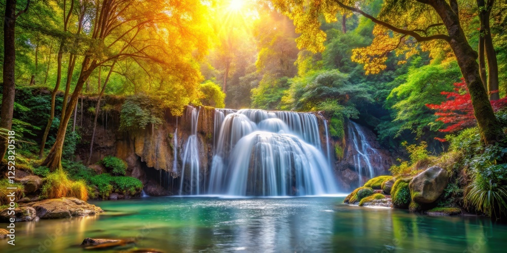Fototapeta premium Beautiful waterfall flowing through a vibrant forest setting, waterfall, serene, nature, scenic, green, tranquil, landscape