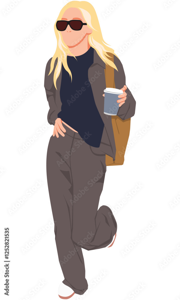 Fototapeta premium Flat vector illustration kpop idol with suitcase. Korean dancer on vacation. Idol group female fashion model wearing colorful outfit. Asian beauty model on casual style.