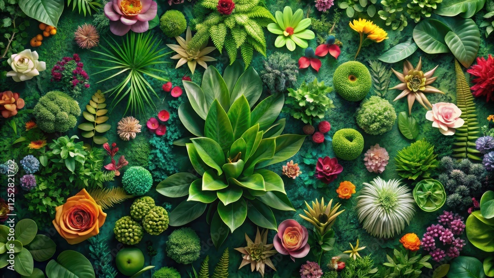 Fototapeta premium Pattern description Vibrant and lush green wallpaper with an array of peculiar flowers and plants, lush, green, wallpaper