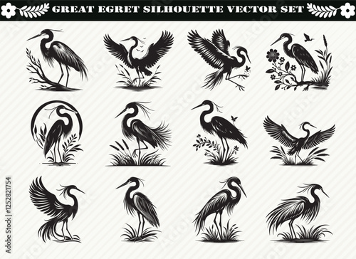 Great Egret Silhouette Vector Set: 12 Designs