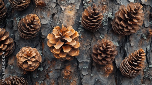 Rustic Pine Cone Arrangement on Rough Bark, Forest Floor Texture and Autumnal Woodland Composition photo