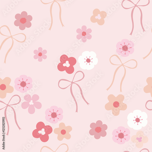 sakura flower cosmos flower small flower pink bow and light orange bow on light pink color background. Vector seamless pattern.