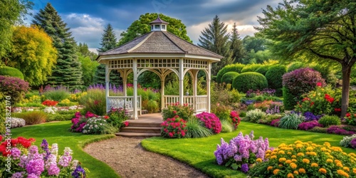 Gorgeous gazebo in a vibrant garden setting with blooming flowers, beautiful, gazebo, lush, green, garden, vibrant, flowers