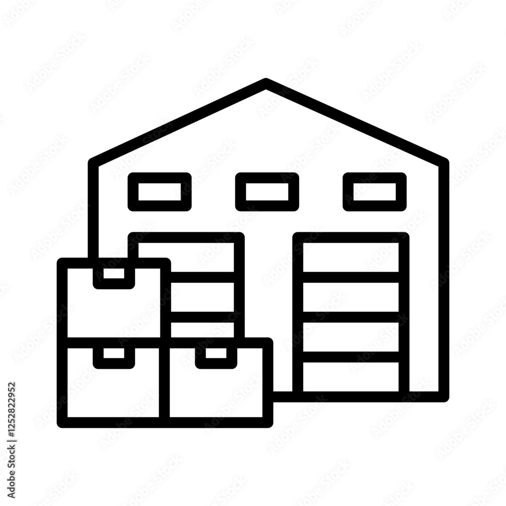 Icon of the warehouse. In front of the warehouse, cardboard boxes are piled up. Icon of the warehouse. In front of the warehouse, cardboard boxes are piled up.