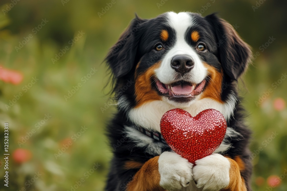 Bernese mountain dog - my cherished dog, symbol of friendship. Cute bernese mountain dog canine with sparkling rhinestones red heart on a walk in a spring garden. Commercial companion visual idea. Bernese mountain dog - my cherished dog, symbol of friendship. Cute bernese mountain dog canine with sparkling rhinestones red heart on a walk in a spring garden. Commercial companion visual idea.