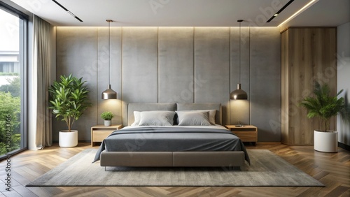 Modern bedroom interior featuring a sleek gray bed with minimalist design, modern, bedroom, interior, gray, bed