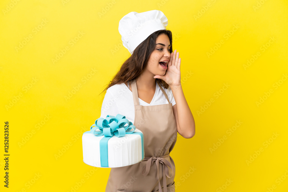 Young caucasian pastry chef woman with a big cake isolated on yellow background shouting with mouth wide open to the side Young caucasian pastry chef woman with a big cake isolated on yellow background shouting with mouth wide open to the side