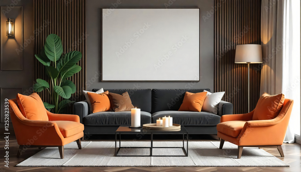 Fototapeta premium Modern Living Room Interior with Blank Canvas and Stylish Furnishings